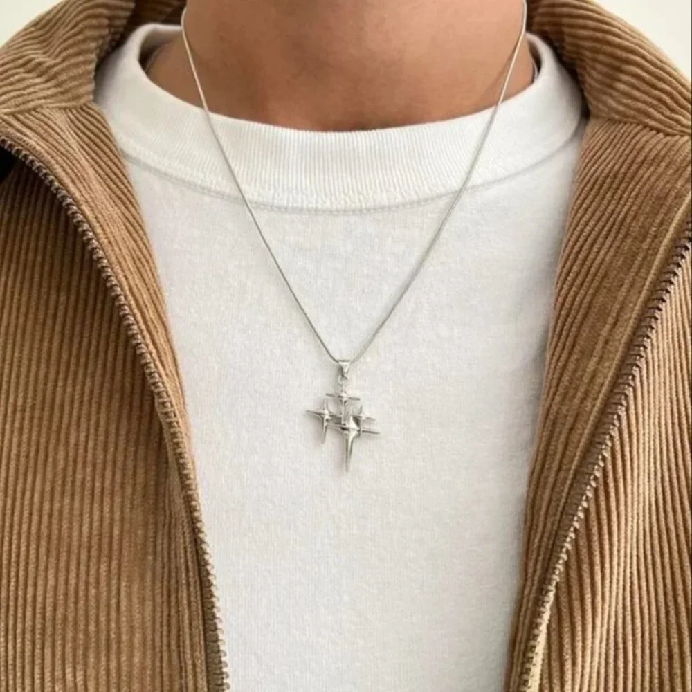 y2k style silver chrome star stacked pendant necklace